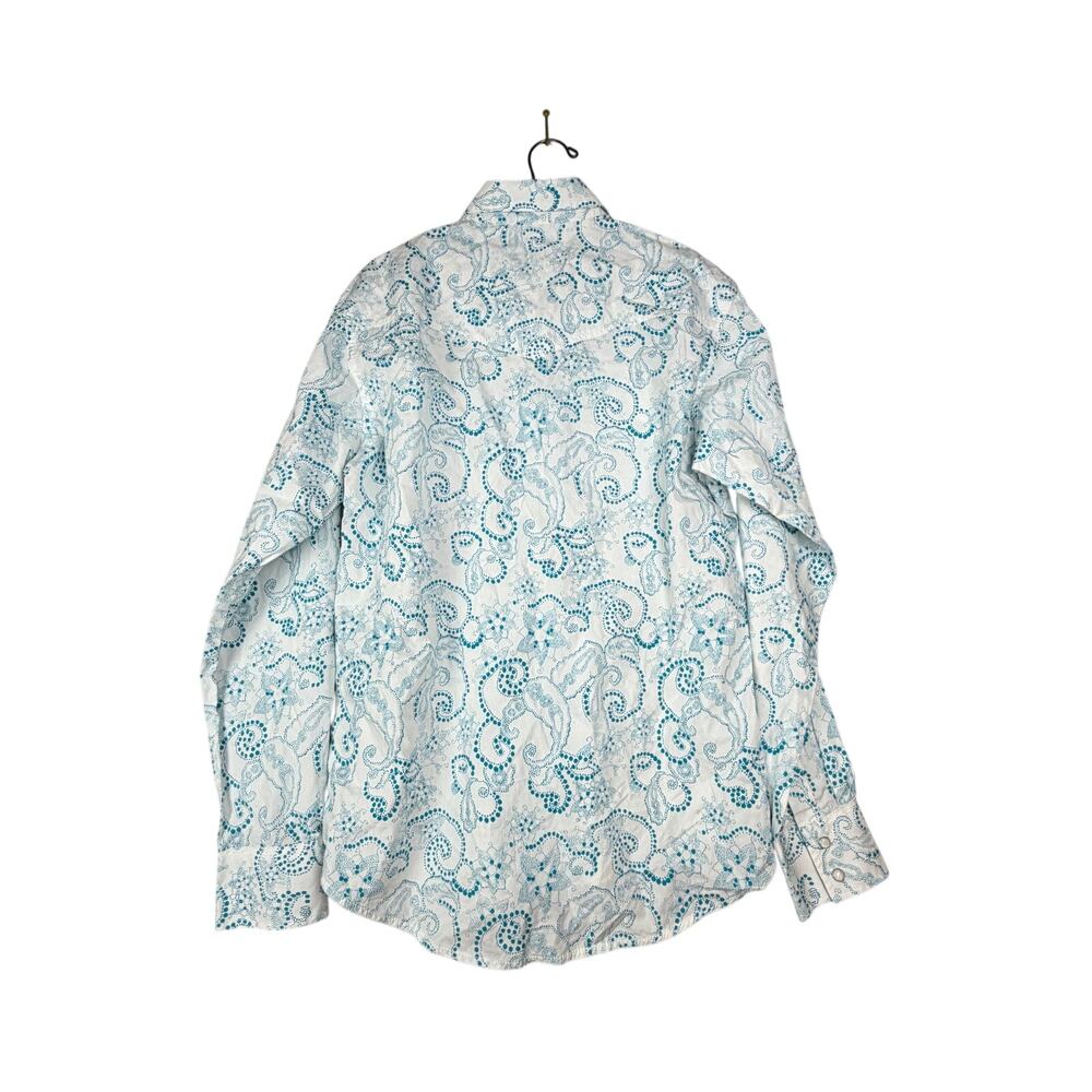 Wrangler Western Pearl Snap Long Sleeve Paisley Blue White Button Up L - Picture 3 of 6
